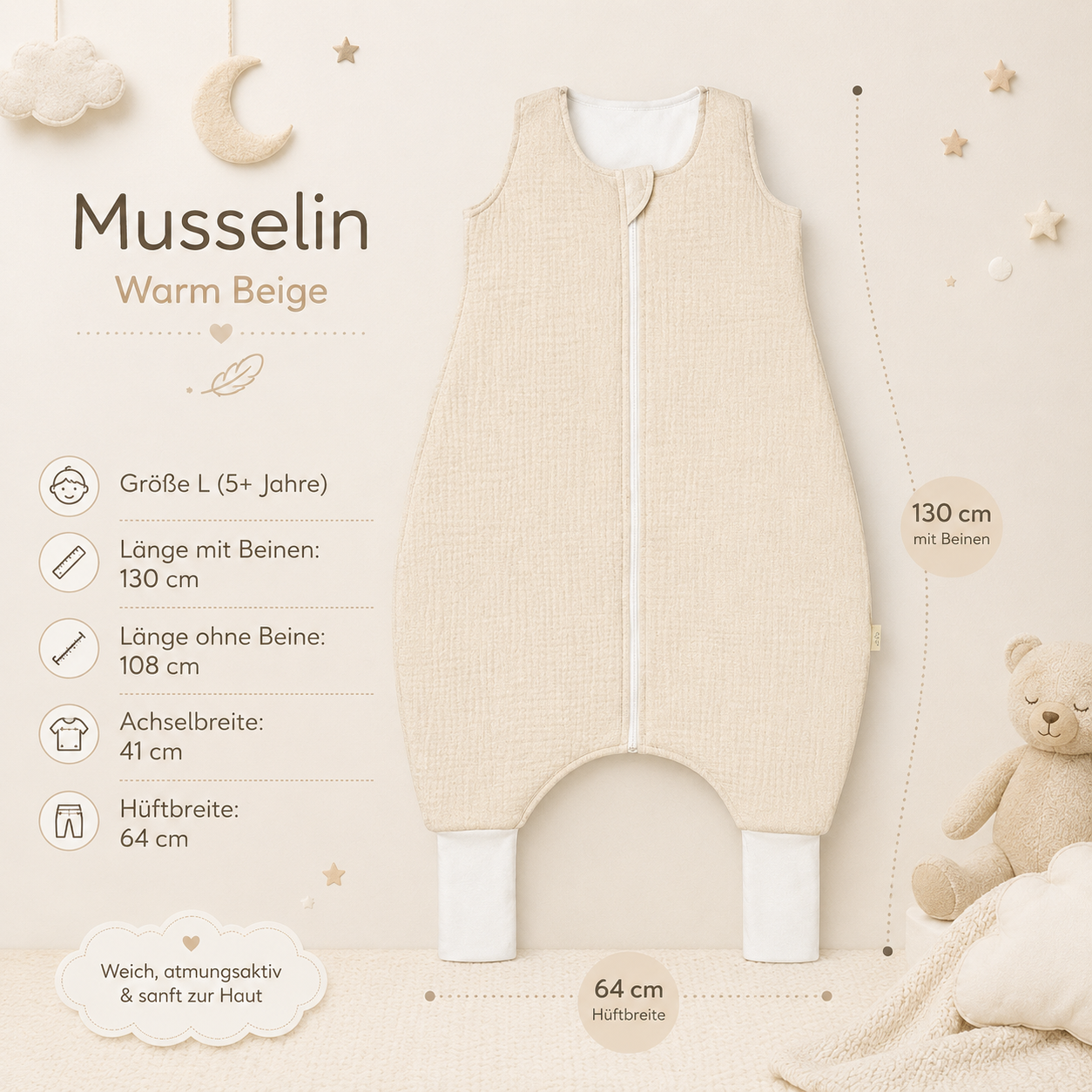 Baby Schlafsack mit Beinöffnungen aus Musselin 0,5 TOG, 5+ Jahre