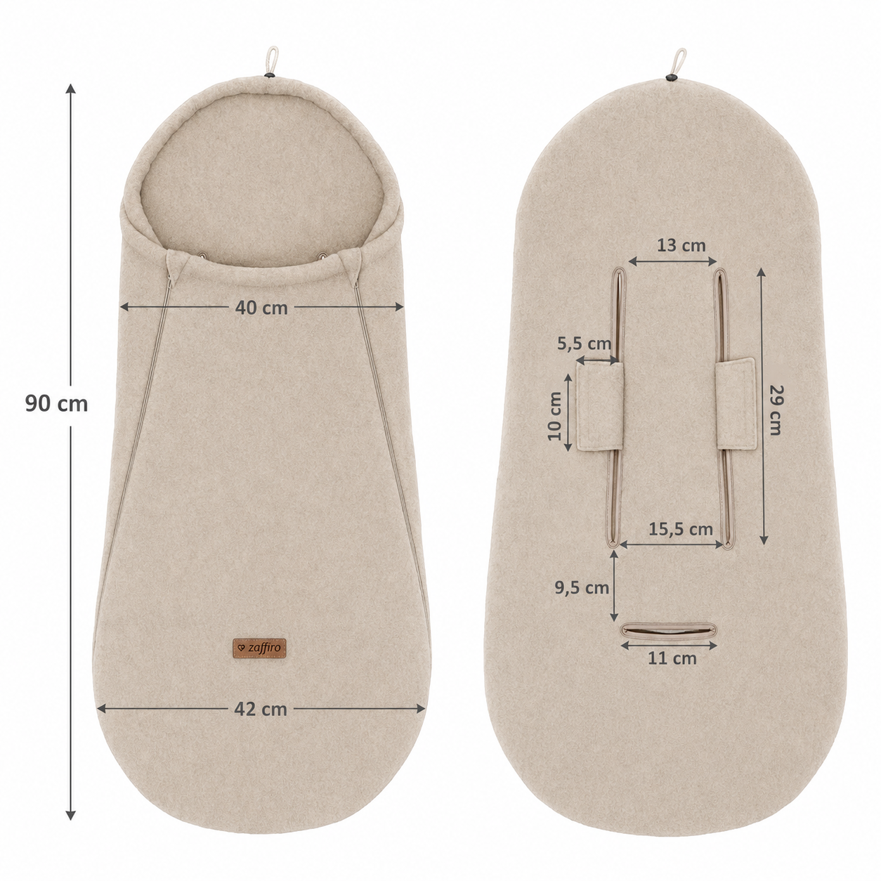 Wollfußsack Mini Größentabelle und Maße